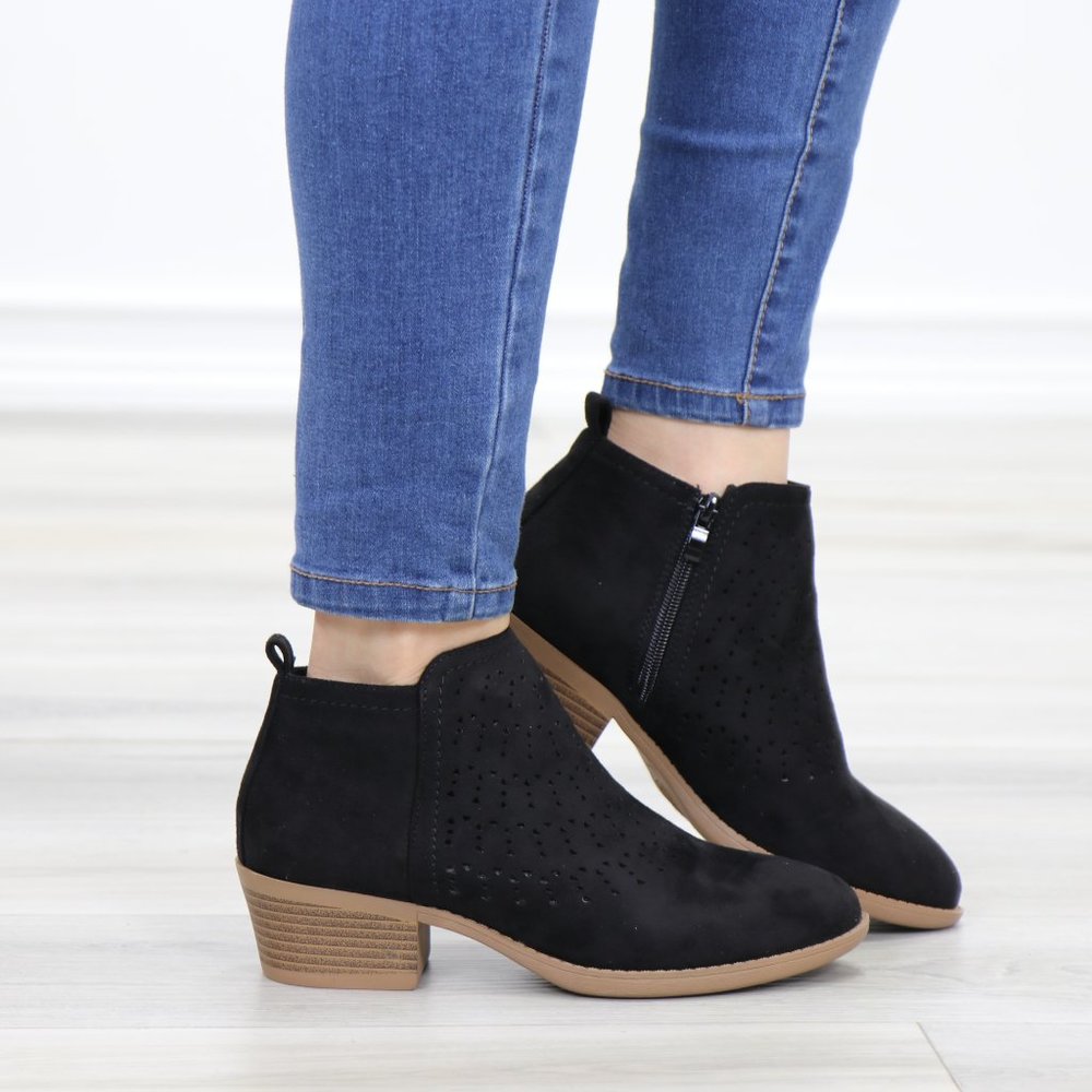 Black Suede Ankle Boots Laser Cut Design - Picture 4 of 12